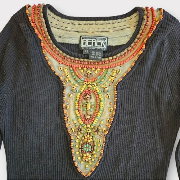 Vintage Berek Takako Sakon Hand Wood Beaded Artisan Ribbed Knit Top Sweater SP - Picture 3 of 7